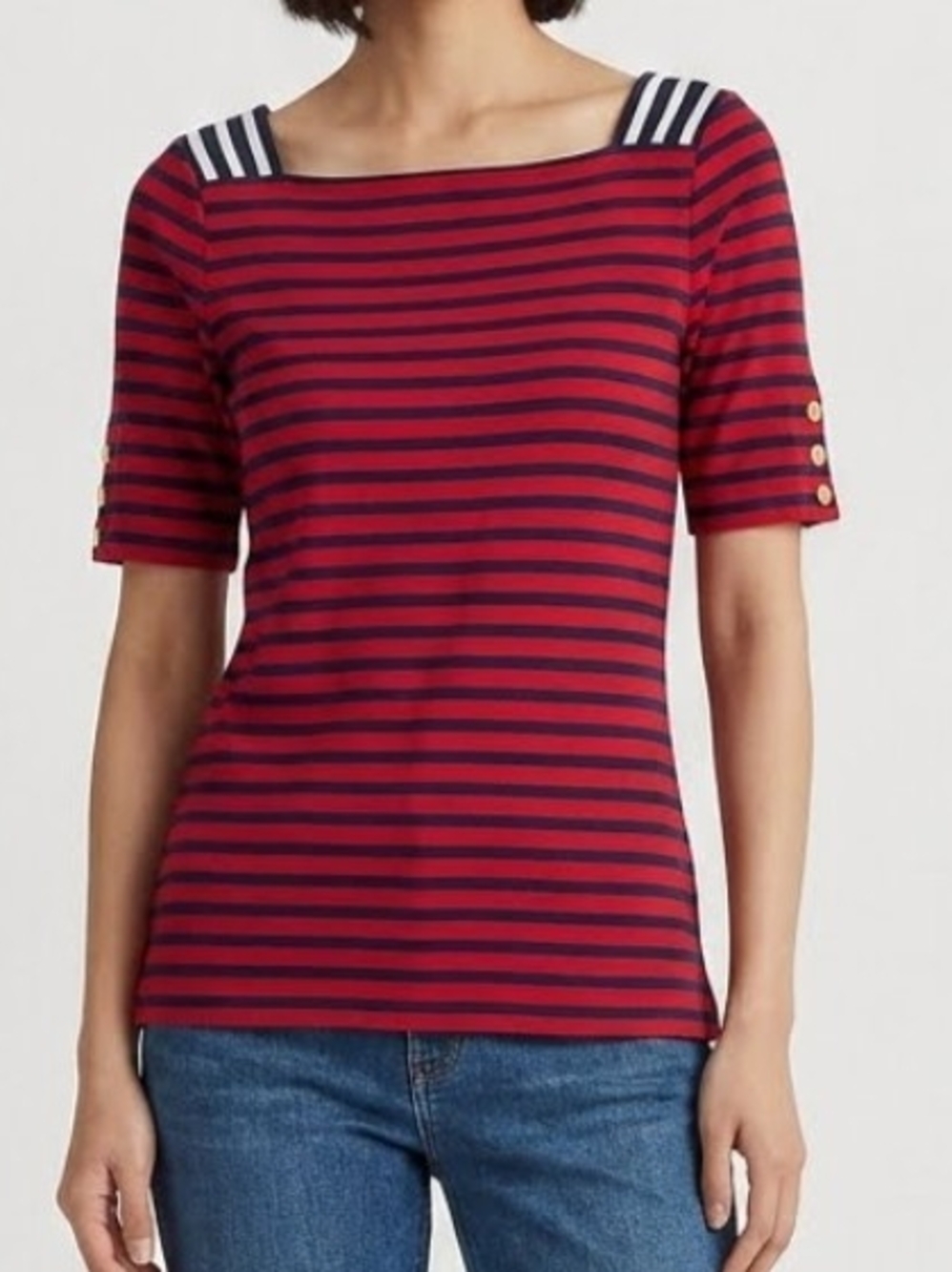 Lauren Ralph Lauren Red and Navy Striped Square-Neck Short Sleeve Tee